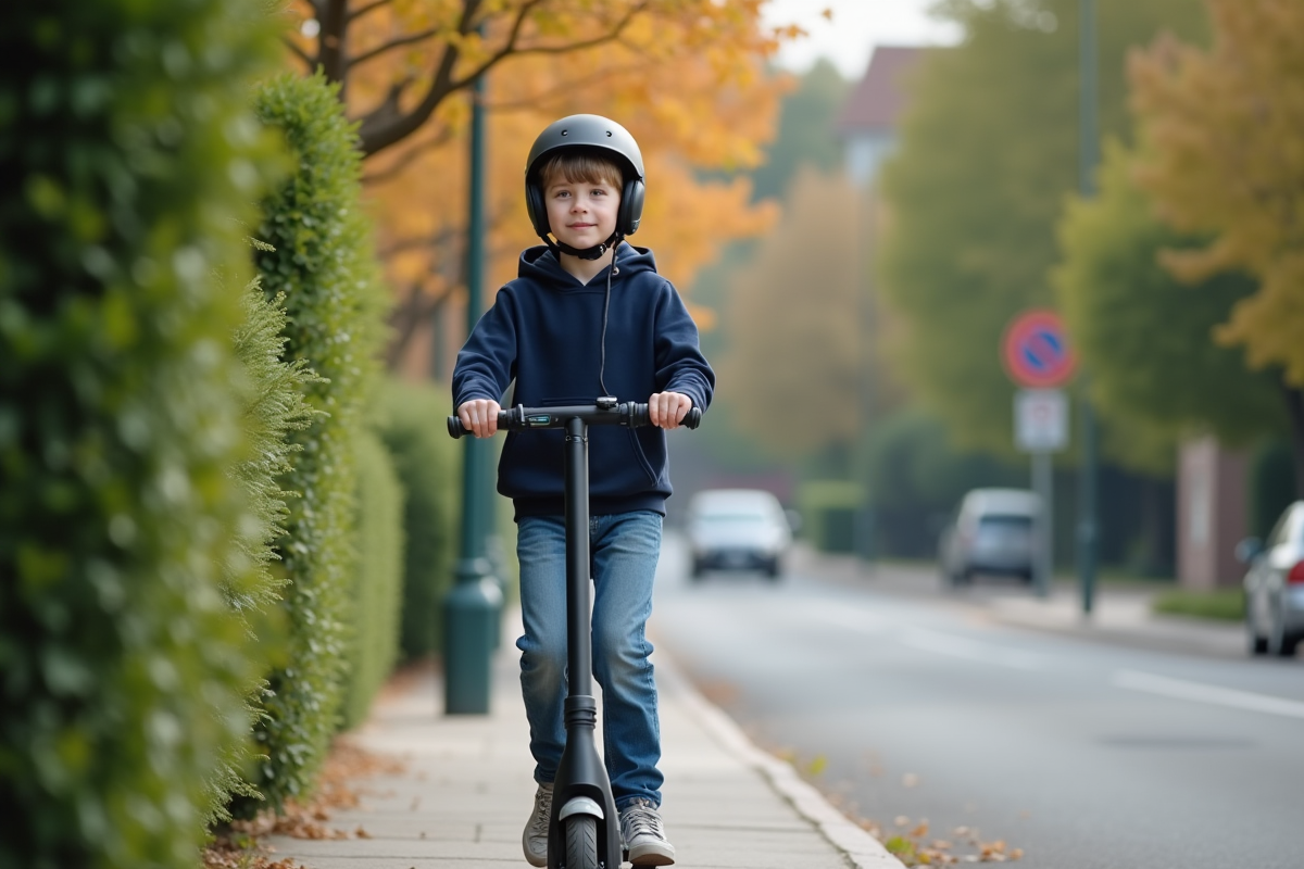 Garçon de 12 ans en scooter électrique sur trottoir résidentiel