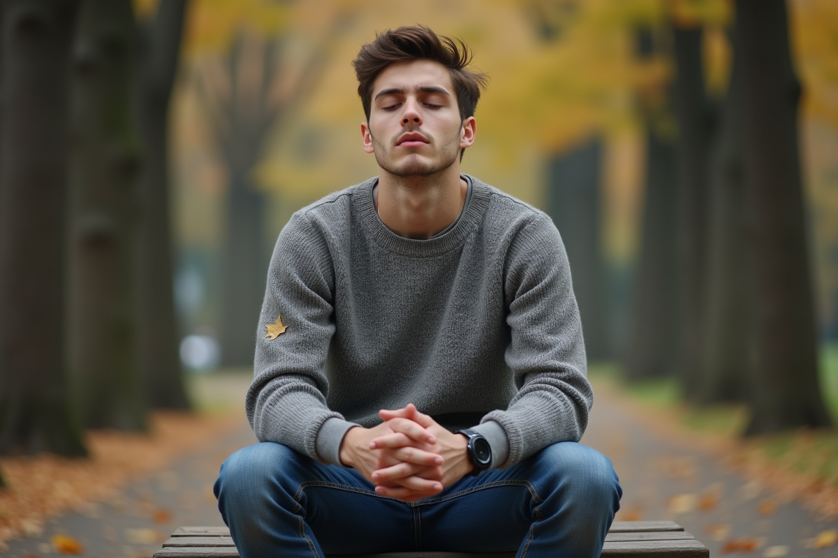 Jeune homme assis sur un banc dans un parc calme