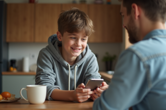 Adolescent reluctant donnant son smartphone à un parent dans la cuisine