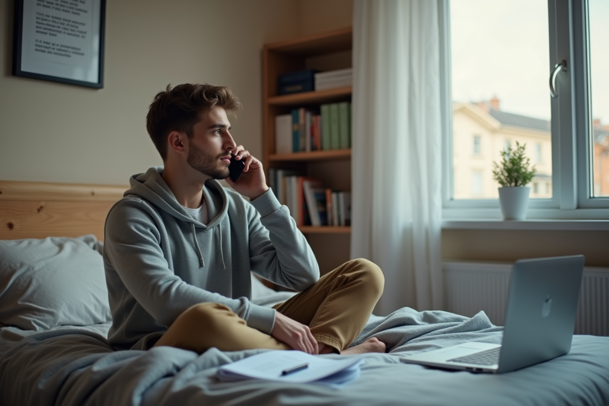 Jeune homme parlant au téléphone dans sa chambre