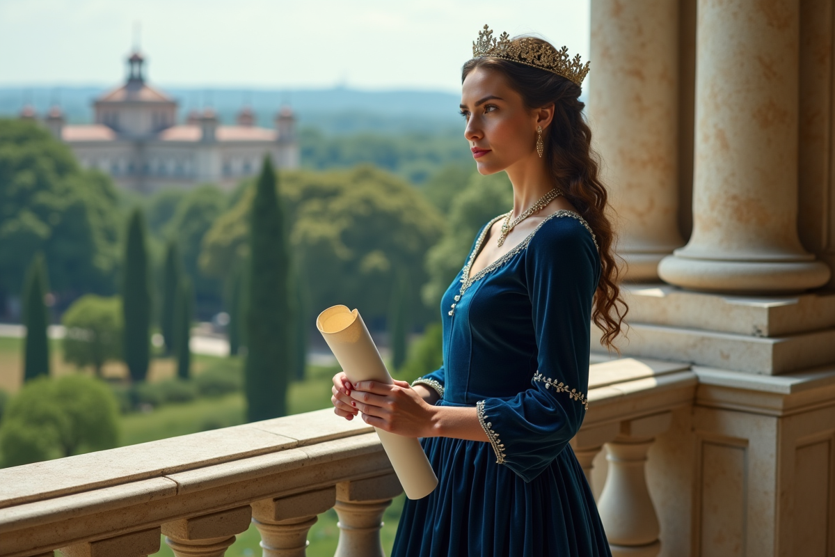 Jeune reine en robe bleue sur un balcon avec jardin