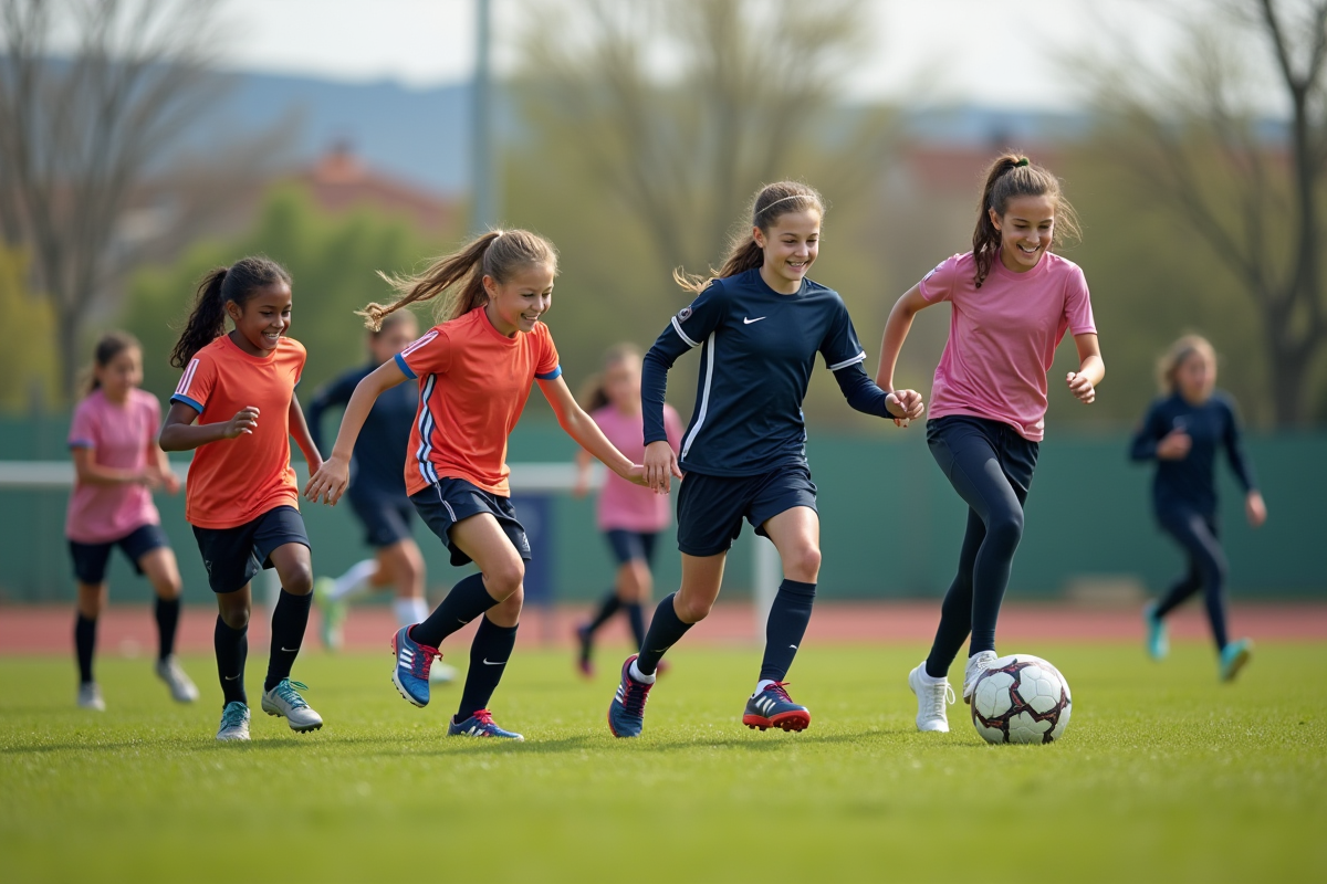 Groupe de jeunes filles jouant au soccer en extérieur