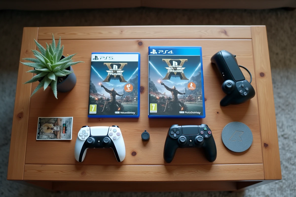 Jeux PS5 et PS4 compatibles posés côte à côte sur une table avec manettes DualSense et DualShock 4
