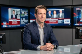 Journaliste de télévision assis au bureau d'un plateau de news professionnel, illustrant le métier de présentateur télévisé