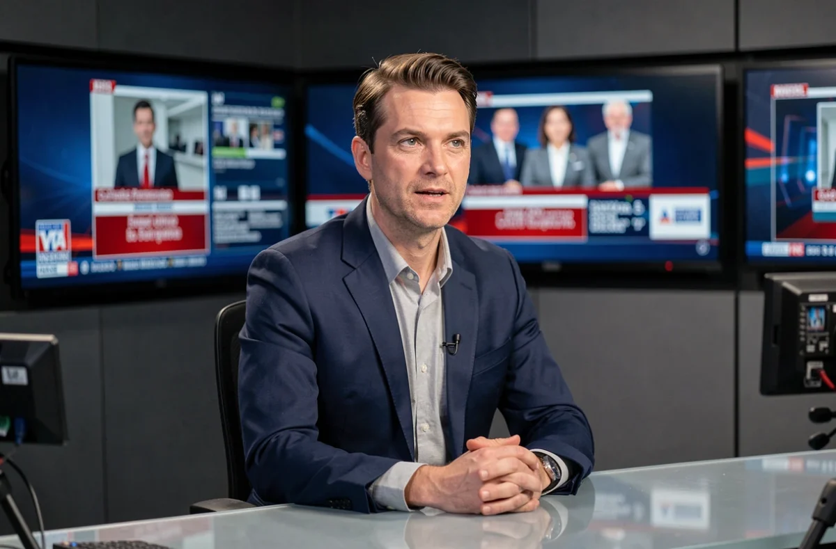 Journaliste de télévision assis au bureau d'un plateau de news professionnel, illustrant le métier de présentateur télévisé