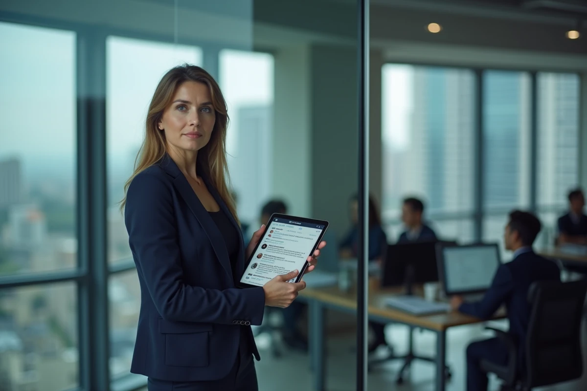 Journaliste professionnelle tenant une tablette affichant des réseaux sociaux dans une salle de rédaction moderne avec vue sur la ville