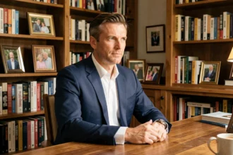 Portrait d'un journaliste français en costume marine dans un bureau à domicile chaleureux entouré de livres et de photos de famille