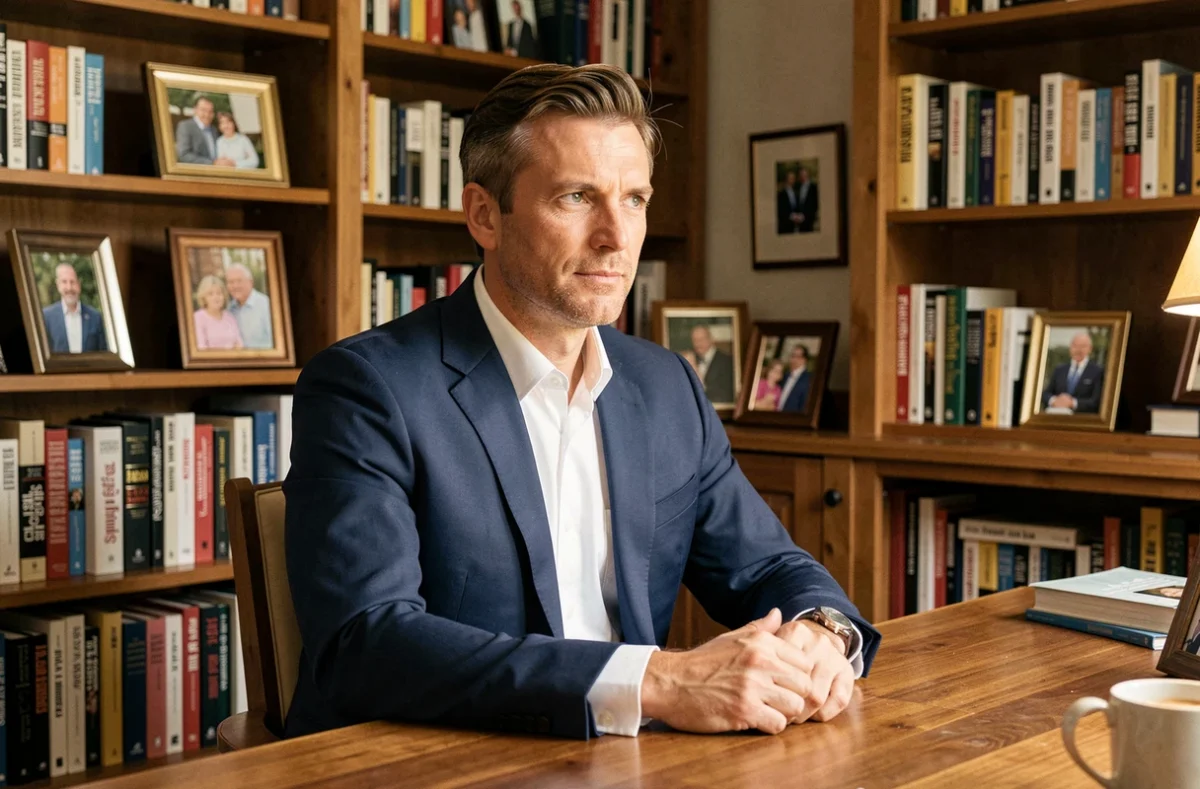 Portrait d'un journaliste français en costume marine dans un bureau à domicile chaleureux entouré de livres et de photos de famille