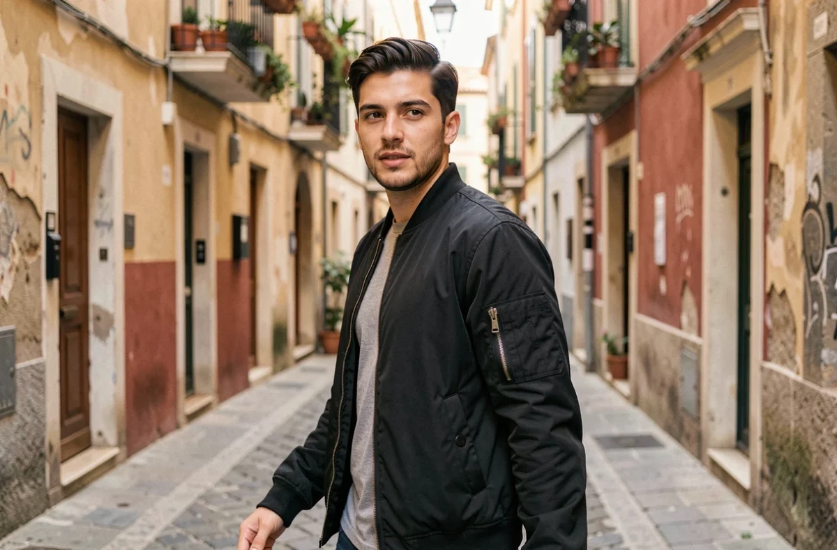 Jeune homme en bomber noir marchant dans une ruelle pavée du quartier du Panier à Marseille, expression naturelle et démarche décontractée