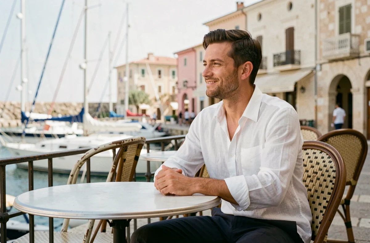 Homme attablé en terrasse face au Vieux-Port de Marseille, regard pensif vers l'horizon dans une atmosphère méditerranéenne