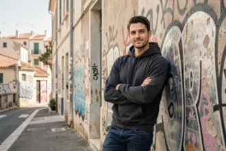 Rappeur marseillais en hoodie sombre appuyé contre un mur tagué dans les rues de Marseille, regard discret et posture décontractée