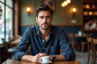 Portrait d'un jeune homme aux origines méditerranéennes assis dans un bistrot parisien, illustrant l'article sur Jules Torres et ses origines familiales