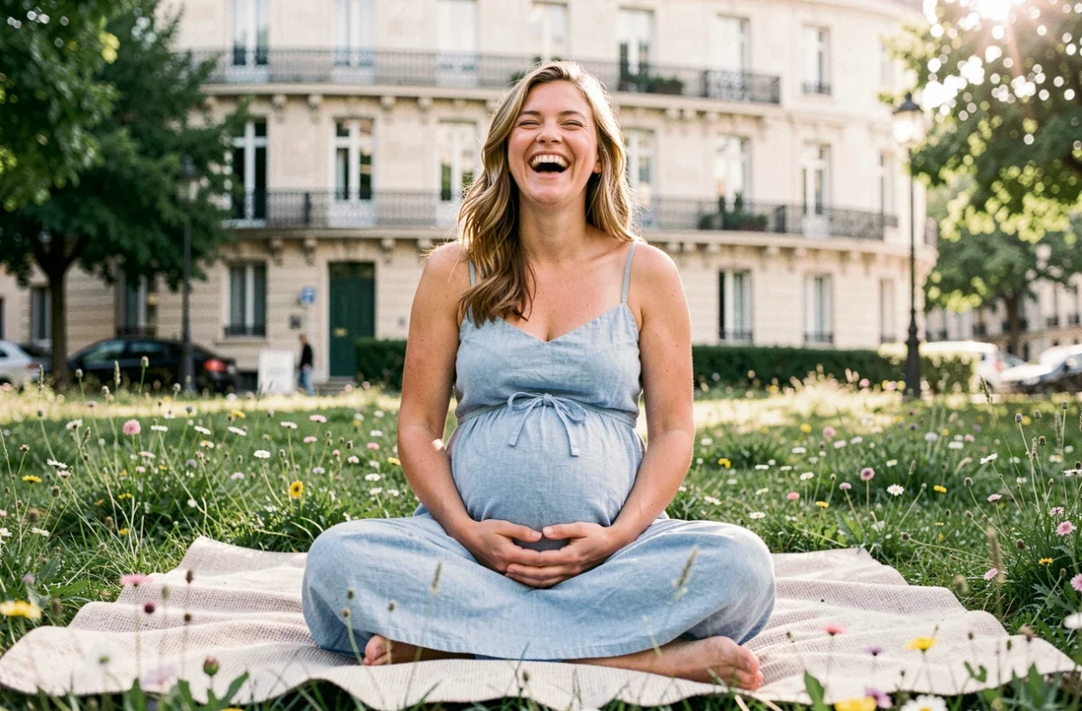 Julie Photographie - séance grossesse lifestyle dans un parc parisien avec une future maman souriante