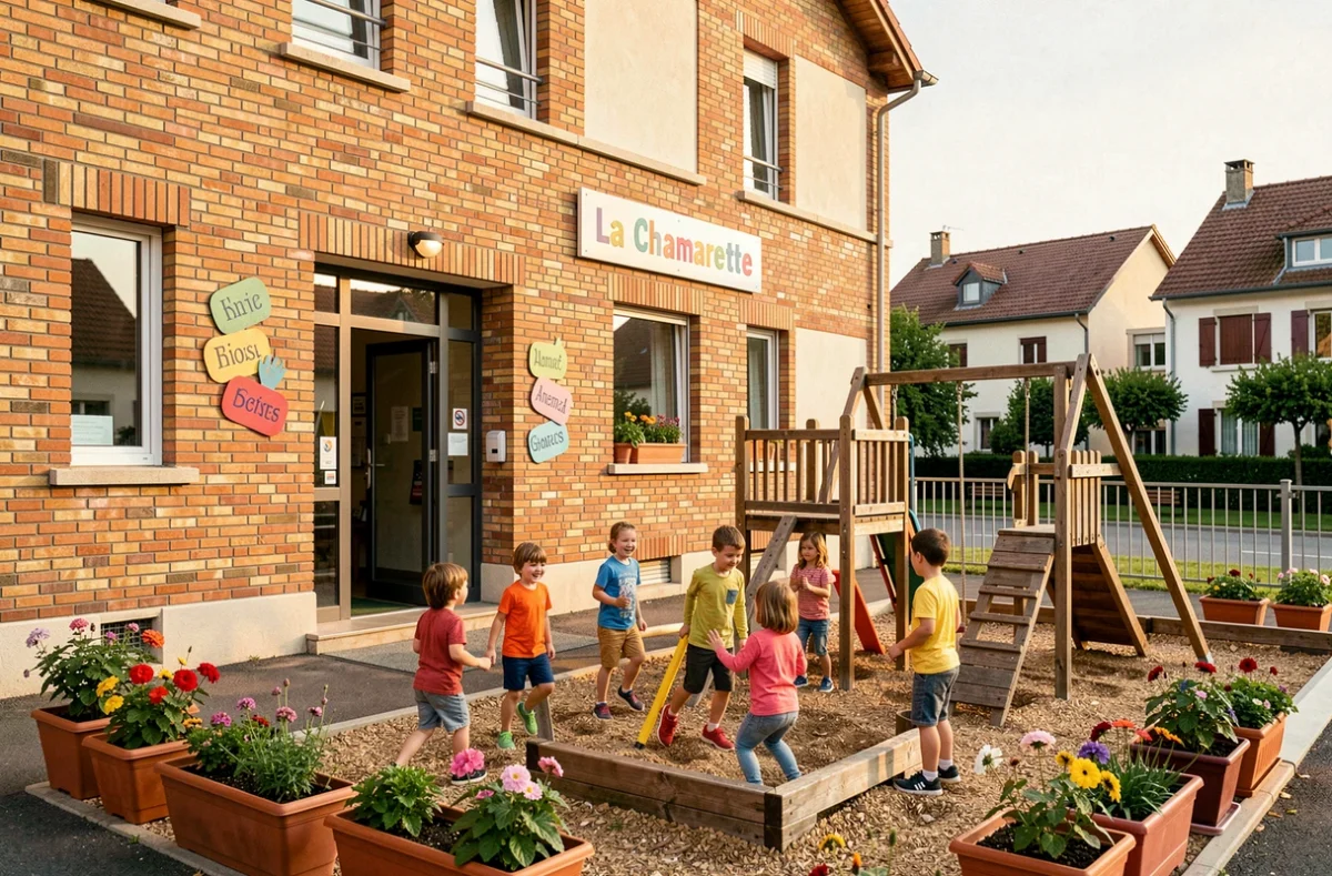 Cour de récréation colorée de l'école La Chamarette à Annemasse avec de jeunes élèves jouant dans l'espace extérieur