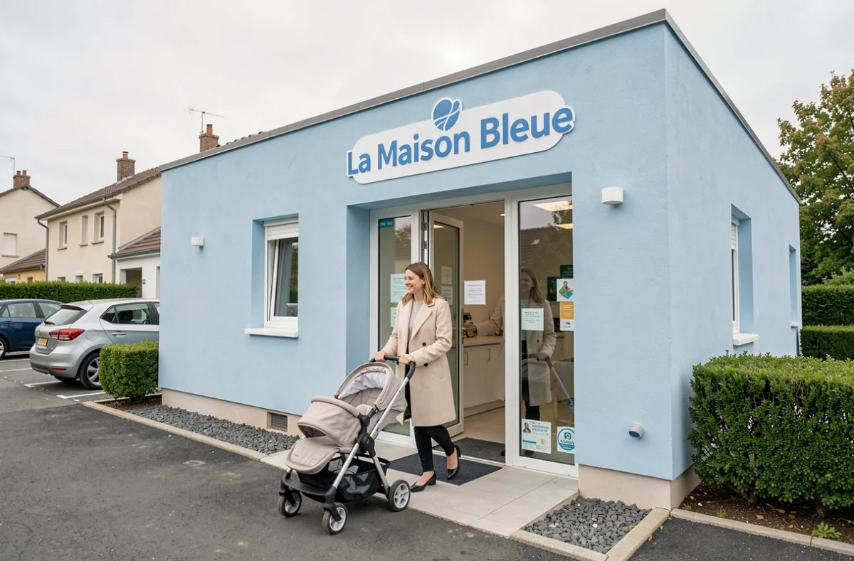 Façade bleue d'un établissement La Maison Bleue dans le Val-d'Oise avec une mère et son enfant en poussette à l'entrée