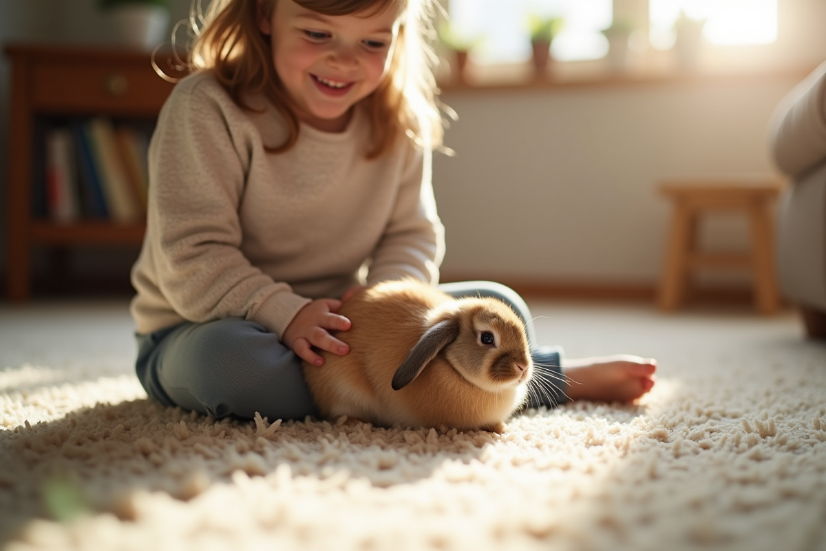 Petit lapin holland lop sur les genoux d'un enfant souriant