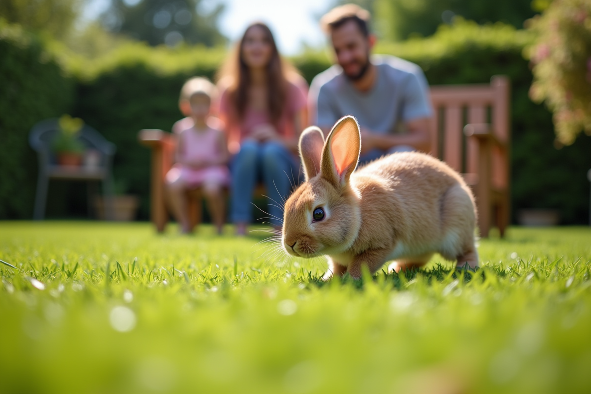 Lapin holland lop explorant un jardin vert avec famille en arrière-plan