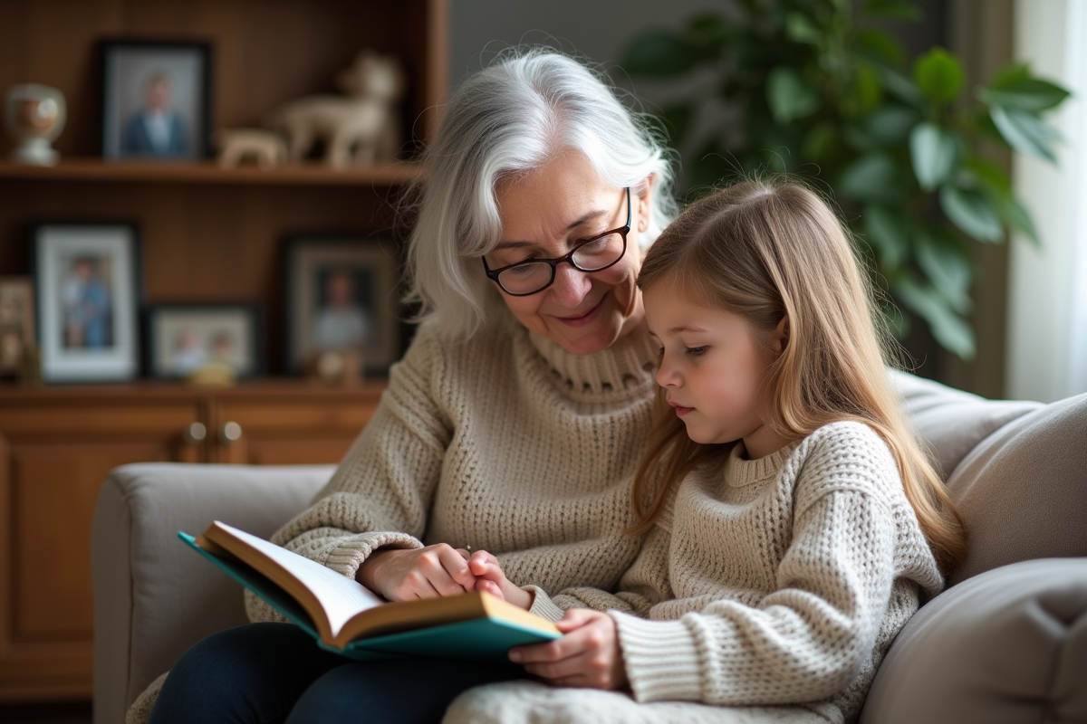 Grand-mère lisant une histoire à sa petite fille dans le salon