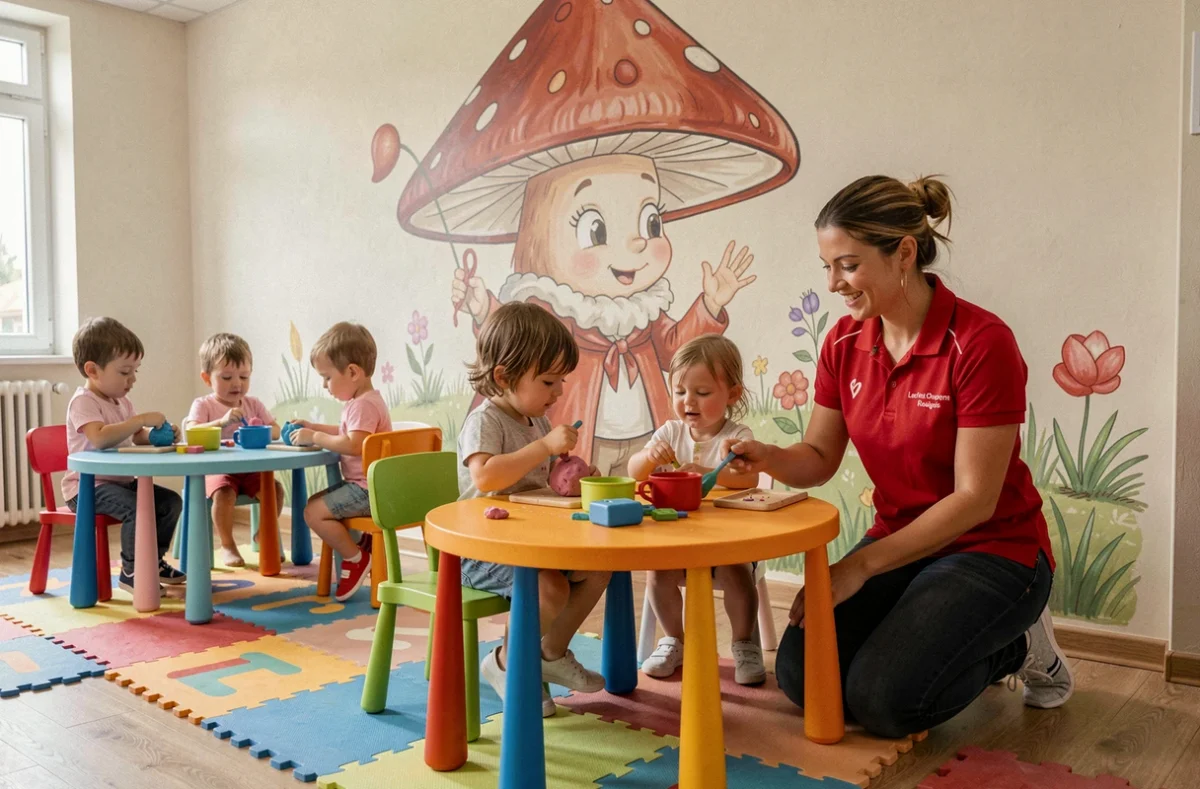 Salle d'activités d'une crèche Les Petits Chaperons Rouges dans le Val-d'Oise avec fresque conte et éducatrice