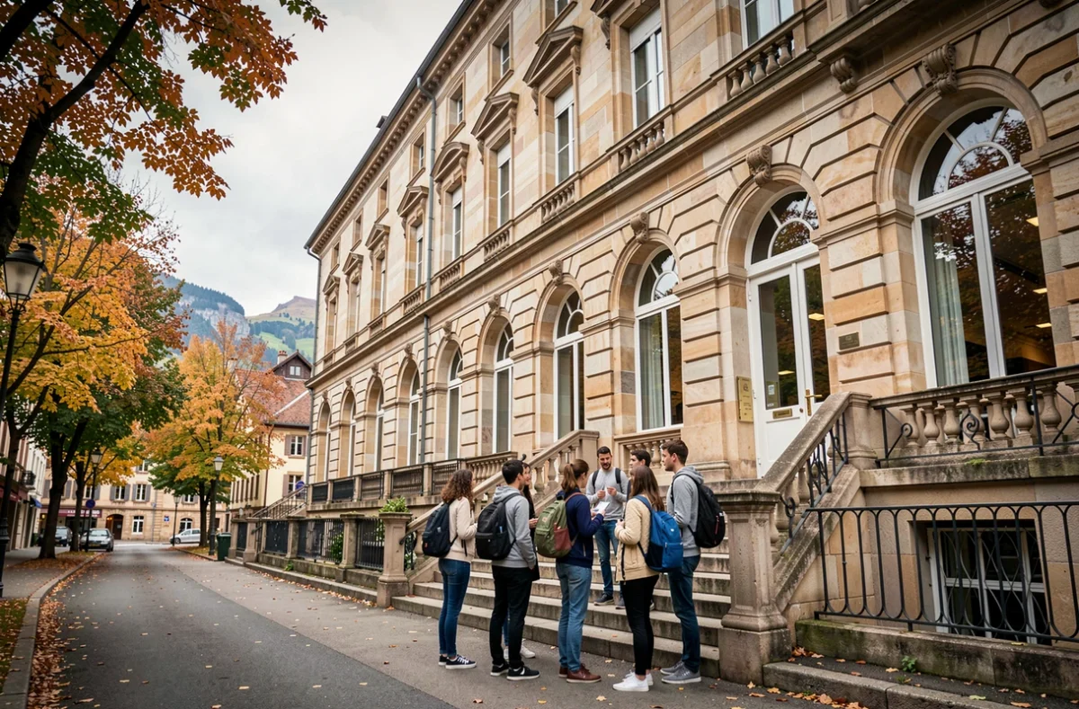 Façade classique du Lycée Saint-Michel à Annecy avec des lycéens sur le perron d'entrée en pierre
