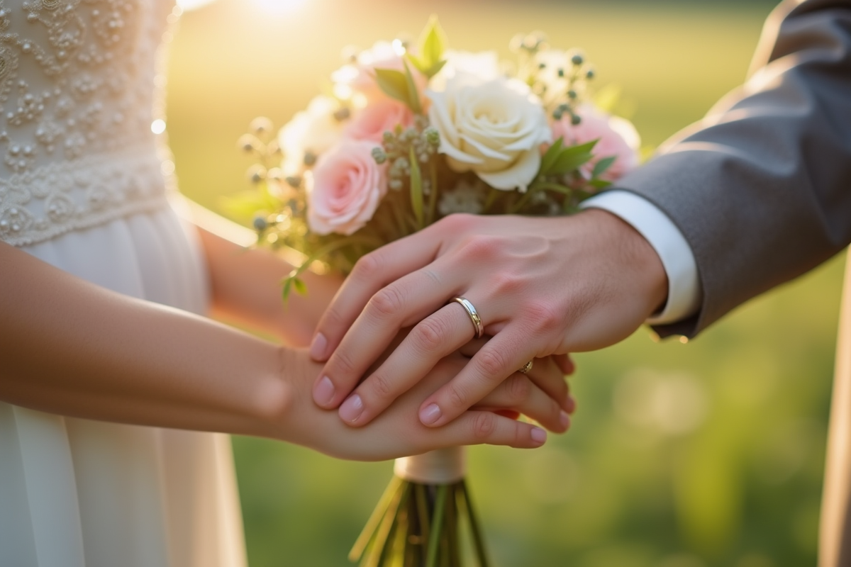 Mains entrelacees avec alliance et bouquet de fleurs blanches