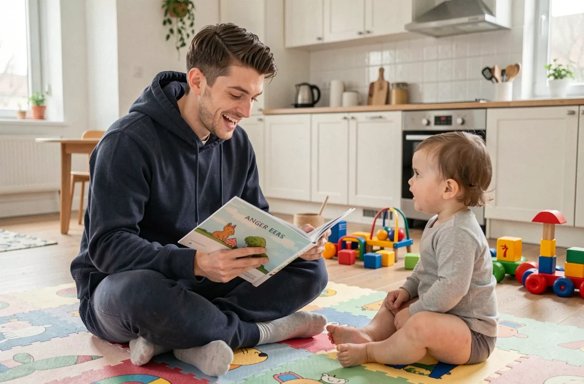 Malo, animateur d'enfants et garde à domicile à Angers, lisant un livre illustré à un enfant sur un tapis de jeu