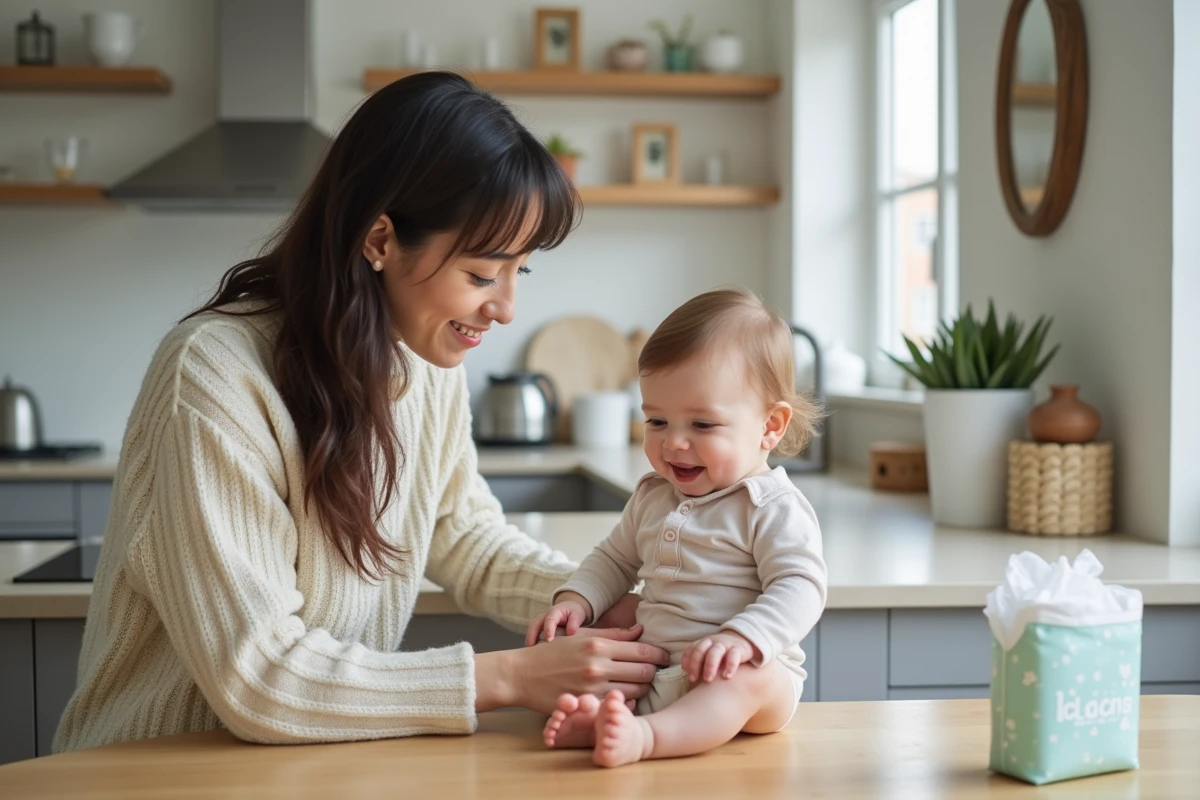 Jeune maman changeant son bébé dans la cuisine