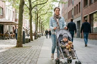 Jeune maman souriante avec poussette en ville