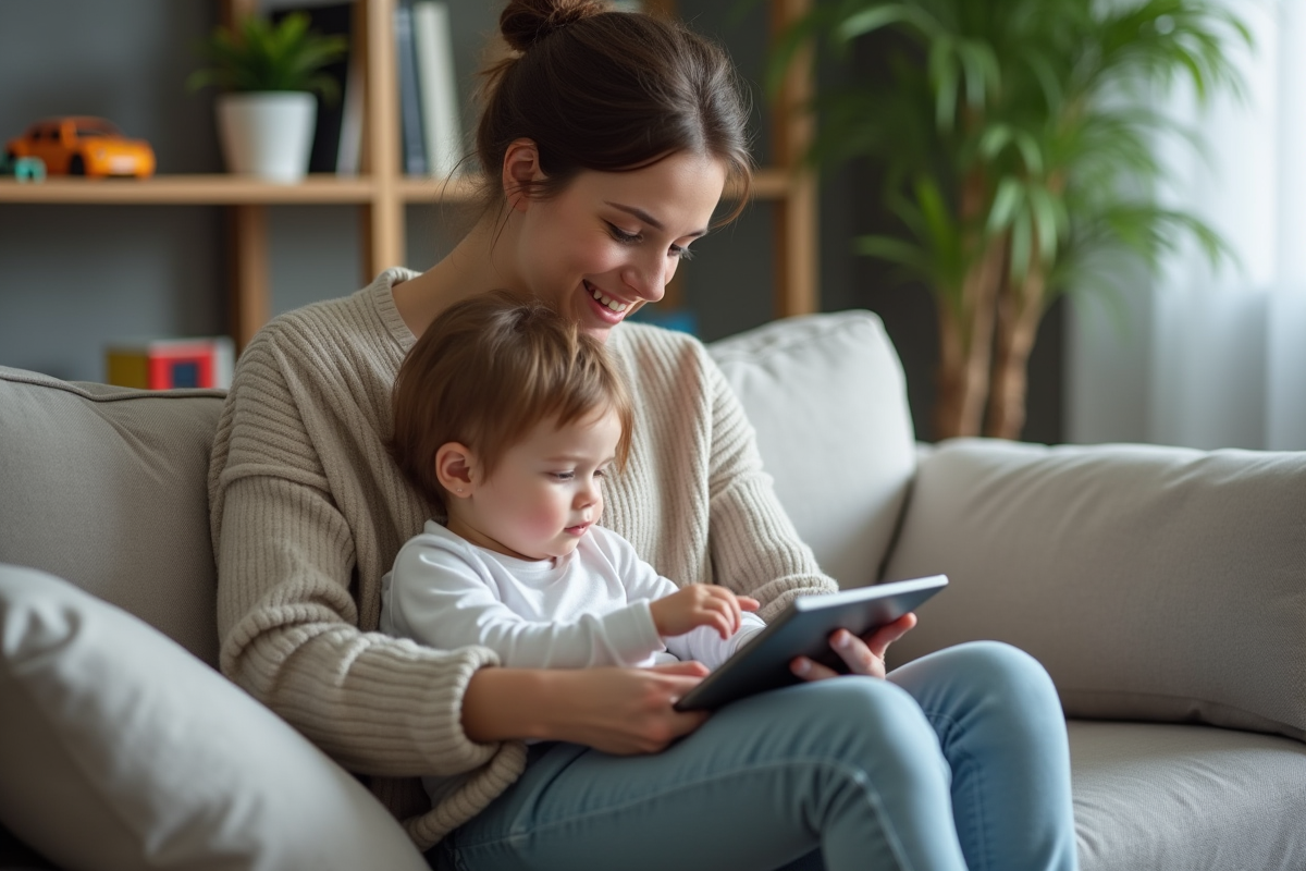 Maman et son bébé regardant une tablette dans le salon