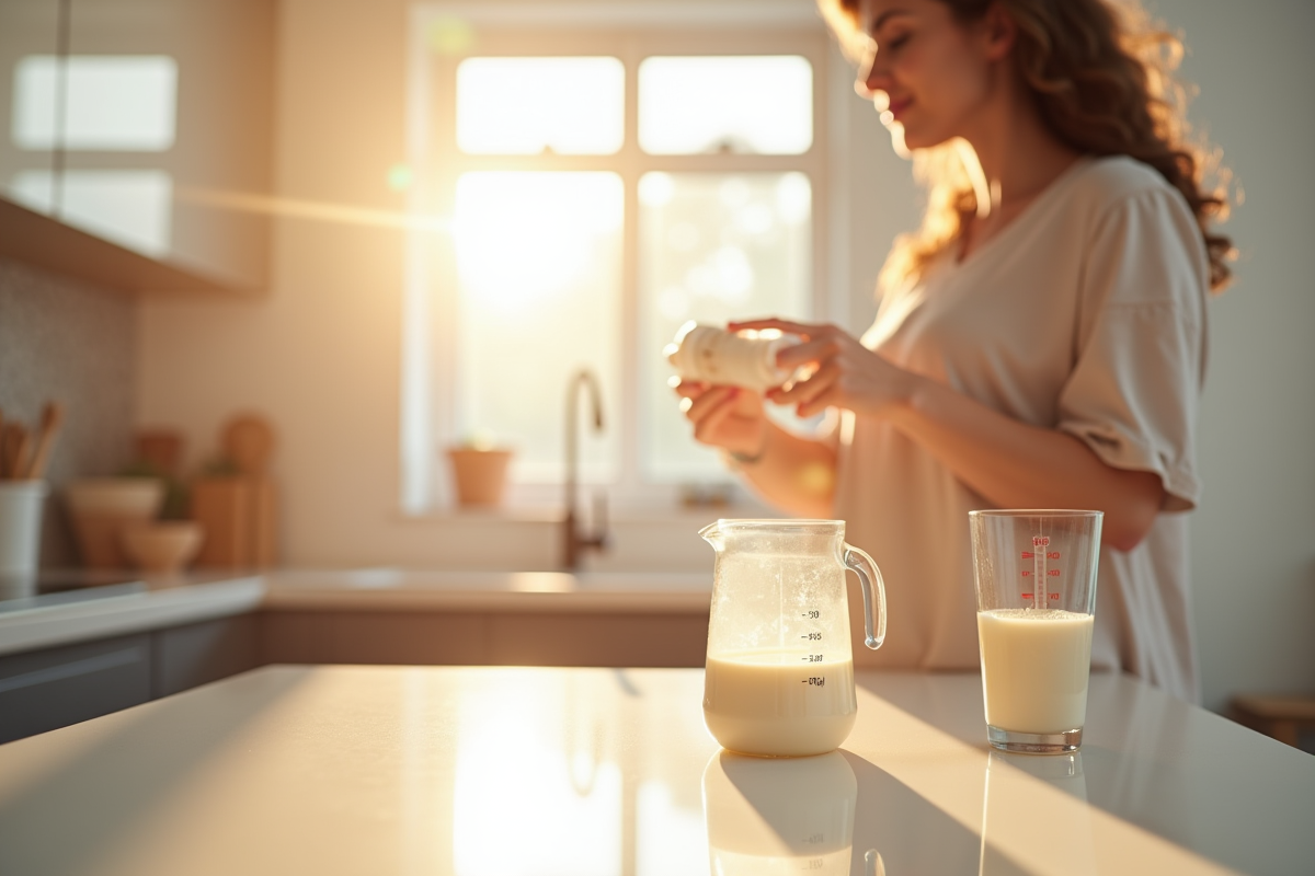 Jeune maman préparant un biberon de lait pour bébé dans la cuisine
