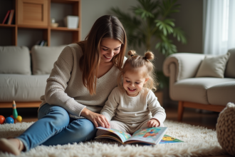 Maman et fille lisant un livre dans un salon chaleureux