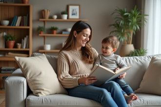Maman et son enfant lisant un livre dans le salon chaleureux