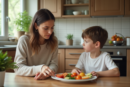 Maman explique le repas à son enfant à la maison