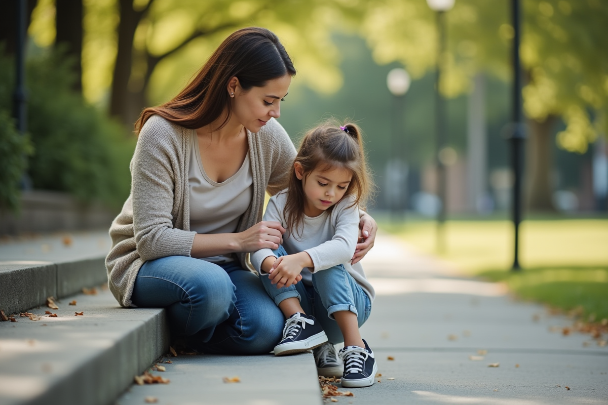 Maman et fille dans un parc urbain ensoleille