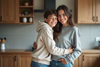Adolescent et mère souriants dans une cuisine chaleureuse