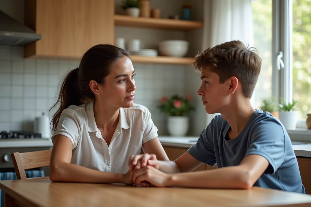 Femme et adolescent discutant à la cuisine chaleureuse