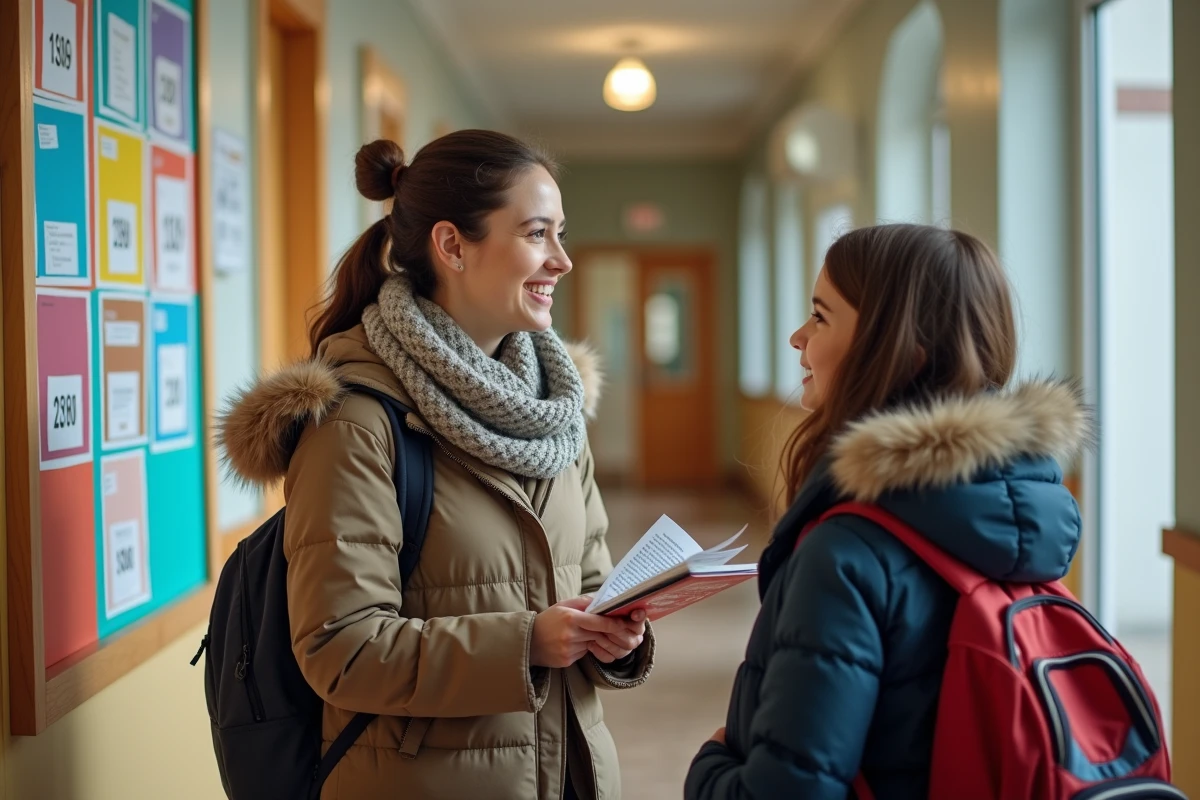 Mère française et fille dans le foyer scolaire avec brochures et sacs