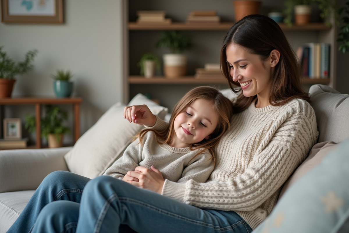 Maman souriante caressant sa fille après la sieste
