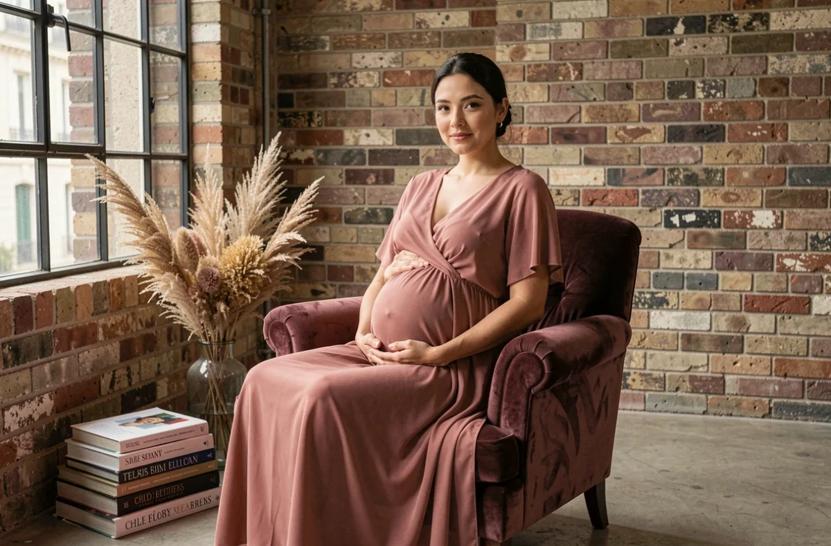 Séance grossesse Marie V Photographie avec une future maman en robe rose dans un studio artistique parisien