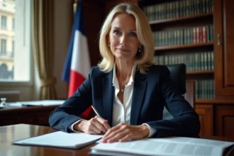Portrait d'une femme politique française d'âge mûr dans un bureau officiel parisien, illustrant un article sur la vie familiale de Marine Le Pen
