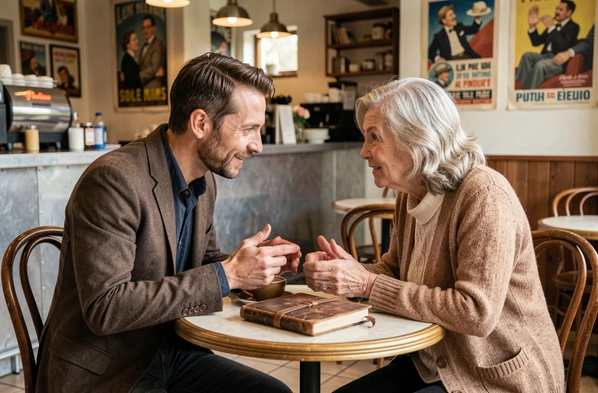 Scène de transmission familiale dans un café français, un homme échangeant avec une figure parentale plus âgée, symbolisant les influences cachées de Matthieu Hocque