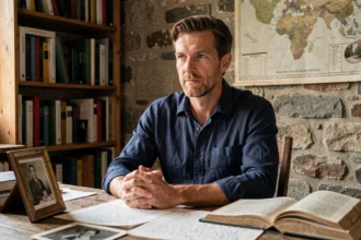 Portrait intimiste d'un homme réfléchi entouré de photos de famille et de livres anciens, évoquant ses origines et son parcours personnel