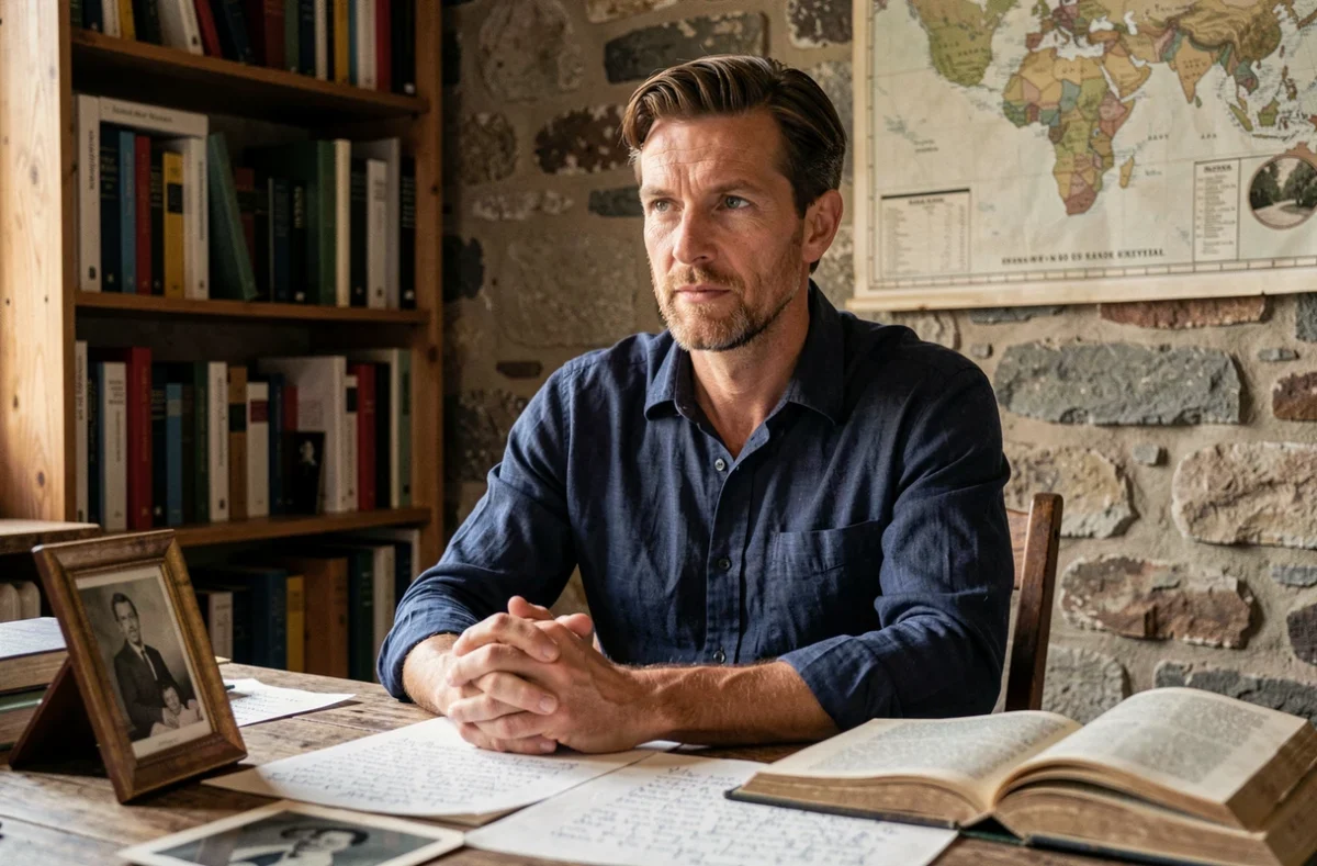 Portrait intimiste d'un homme réfléchi entouré de photos de famille et de livres anciens, évoquant ses origines et son parcours personnel