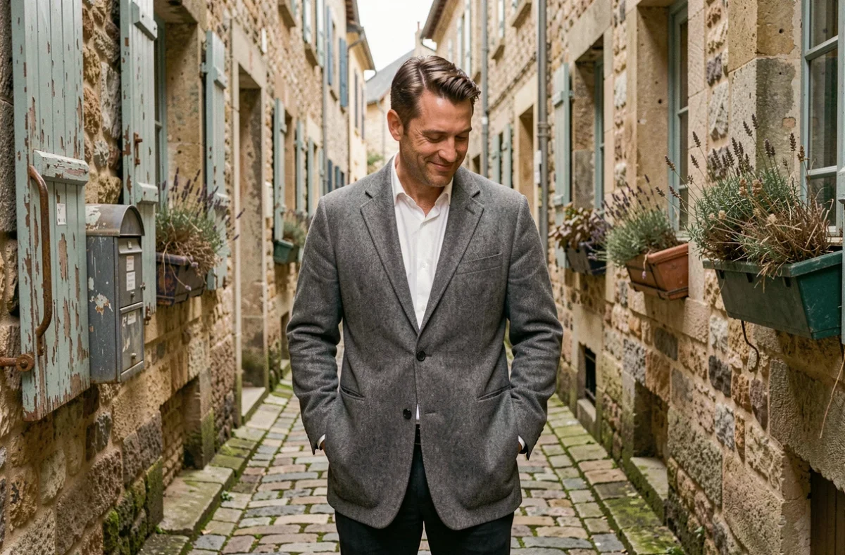 Homme debout dans une ruelle pavée d'une ville de province française, illustrant les racines régionales et l'héritage familial de Matthieu Hocque