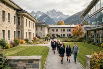 Vue panoramique d'un campus scolaire privé en Haute-Savoie avec les Alpes en arrière-plan et des élèves dans la cour
