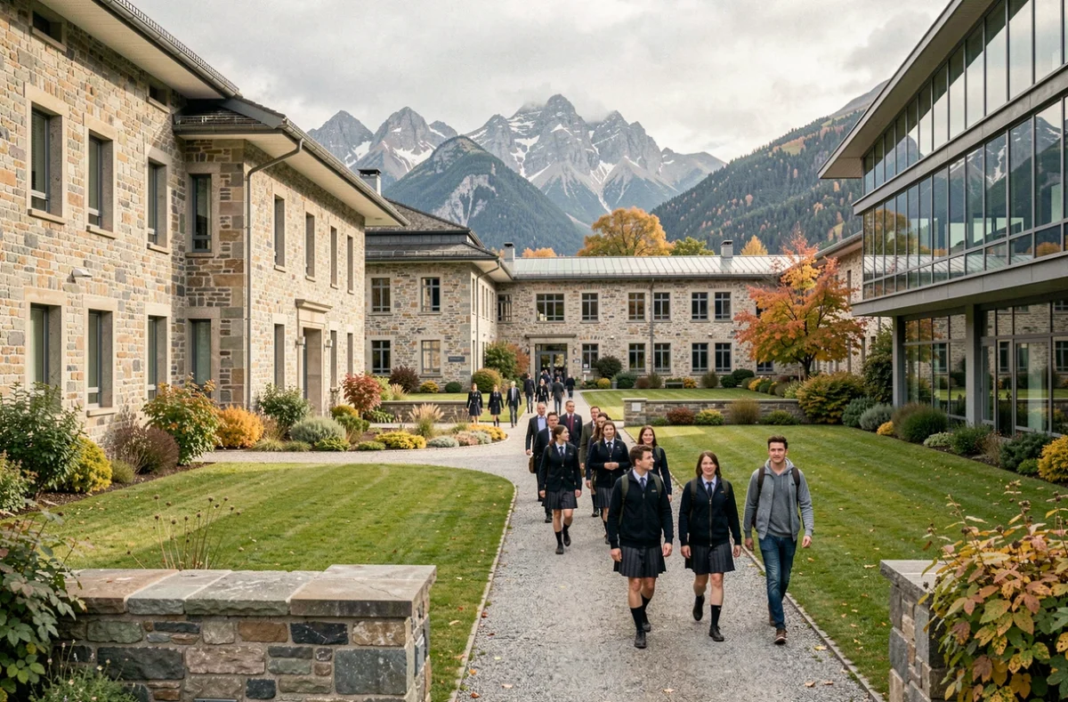 Vue panoramique d'un campus scolaire privé en Haute-Savoie avec les Alpes en arrière-plan et des élèves dans la cour