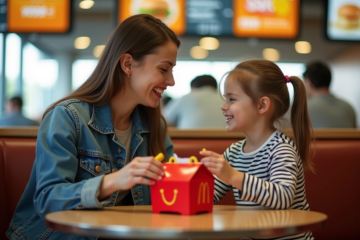 Mère et enfant partageant un Happy Meal McDonald's dans un restaurant, jouet et menu posés sur la table