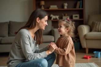 Mère en train de se mettre à la hauteur de sa fille pour résoudre un conflit avec douceur dans un salon familial chaleureux