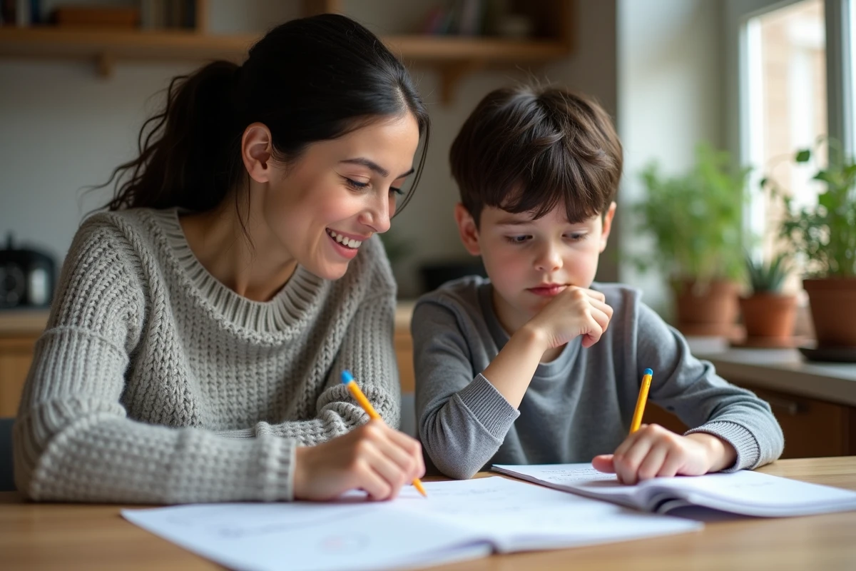 Mère aidant son fils à faire ses devoirs à la maison, documents scolaires sur la table, ambiance familiale chaleureuse