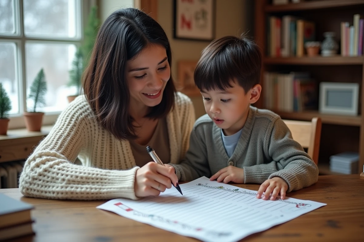 Mère et fils consultant ensemble un modèle de lettre au Père Noël imprimé sur un bureau en bois